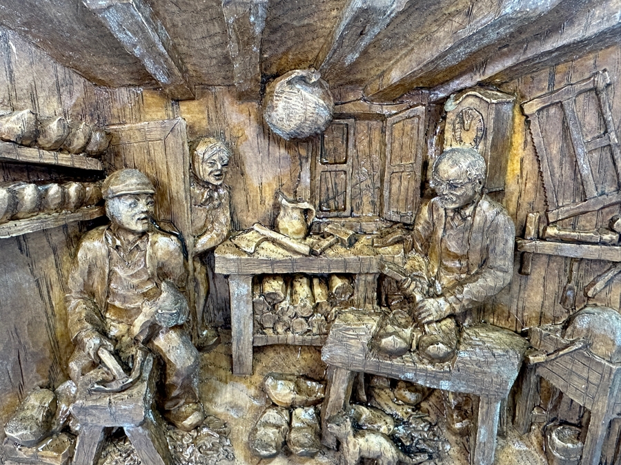 Just Added - Vintage Relief Carved Wooden Wall Plaque Depicting A Danish Shoe Cobler's Workshop 9.5W X 7.5H X 1.5D [Photo 12]
