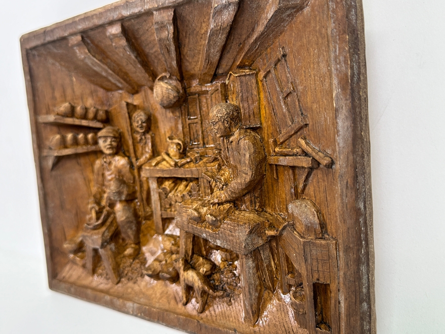 Just Added - Vintage Relief Carved Wooden Wall Plaque Depicting A Danish Shoe Cobler's Workshop 9.5W X 7.5H X 1.5D [Photo 2]