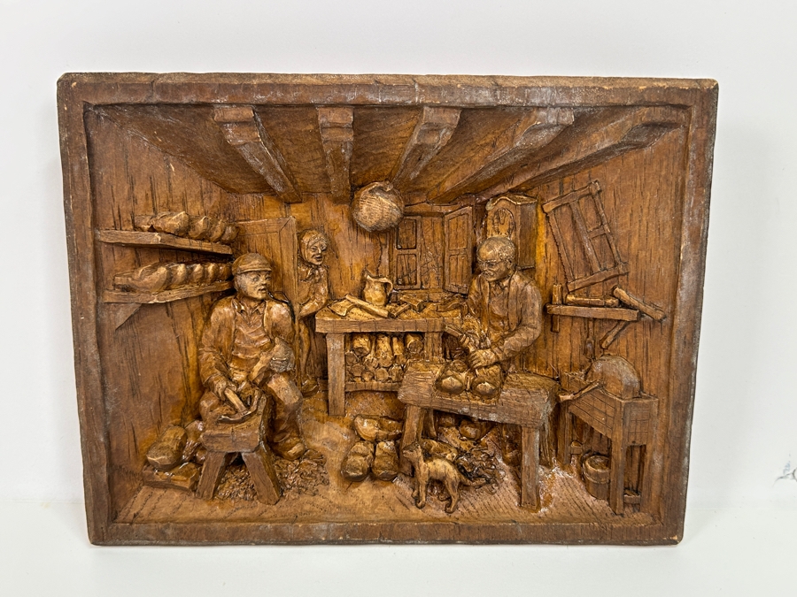 Just Added - Vintage Relief Carved Wooden Wall Plaque Depicting A Danish Shoe Cobler's Workshop 9.5W X 7.5H X 1.5D [Photo 4]