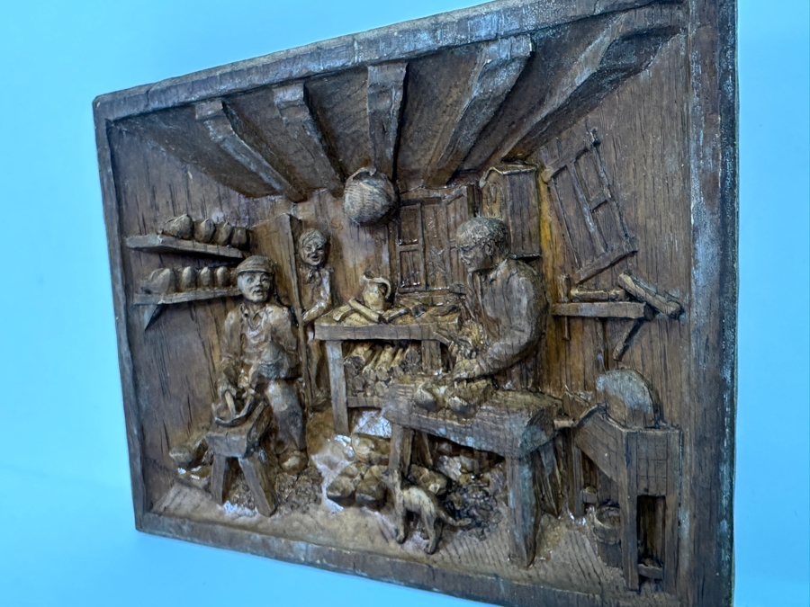 Just Added - Vintage Relief Carved Wooden Wall Plaque Depicting A Danish Shoe Cobler's Workshop 9.5W X 7.5H X 1.5D [Photo 11]