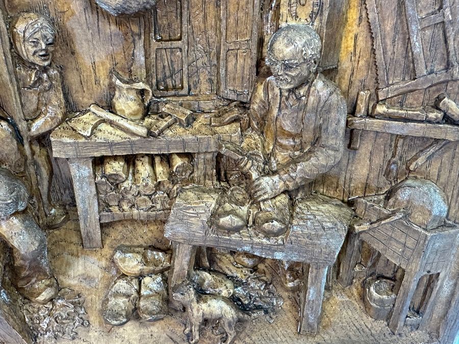 Just Added - Vintage Relief Carved Wooden Wall Plaque Depicting A Danish Shoe Cobler's Workshop 9.5W X 7.5H X 1.5D [Photo 8]