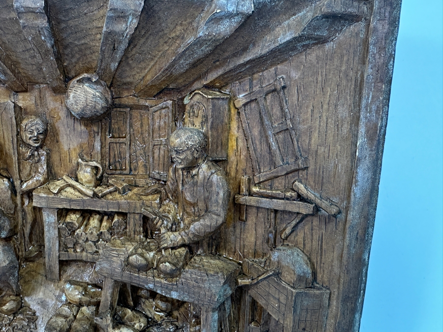 Just Added - Vintage Relief Carved Wooden Wall Plaque Depicting A Danish Shoe Cobler's Workshop 9.5W X 7.5H X 1.5D [Photo 10]