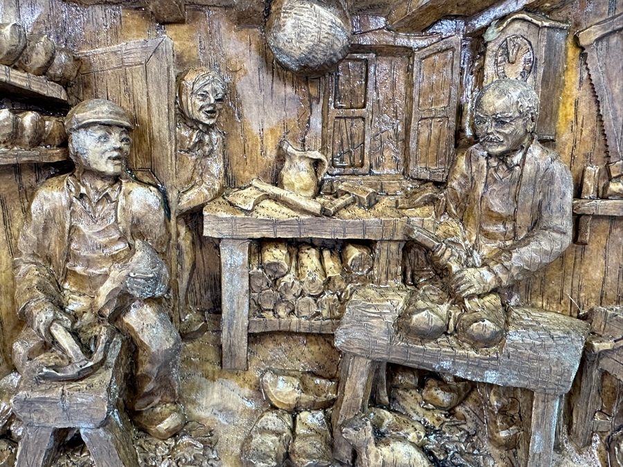 Just Added - Vintage Relief Carved Wooden Wall Plaque Depicting A Danish Shoe Cobler's Workshop 9.5W X 7.5H X 1.5D [Photo 7]