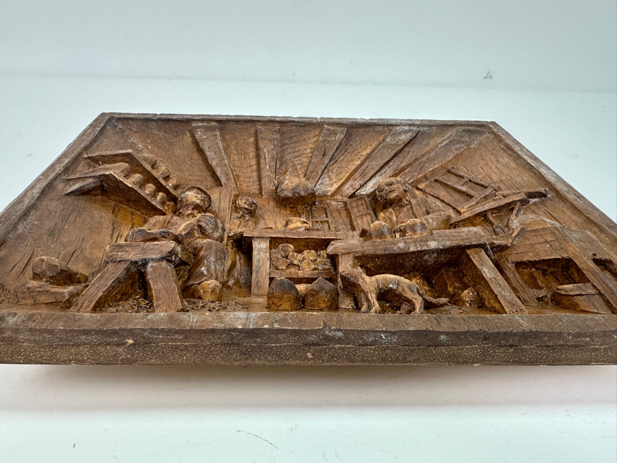 Just Added - Vintage Relief Carved Wooden Wall Plaque Depicting A Danish Shoe Cobler's Workshop 9.5W X 7.5H X 1.5D [Photo 18]