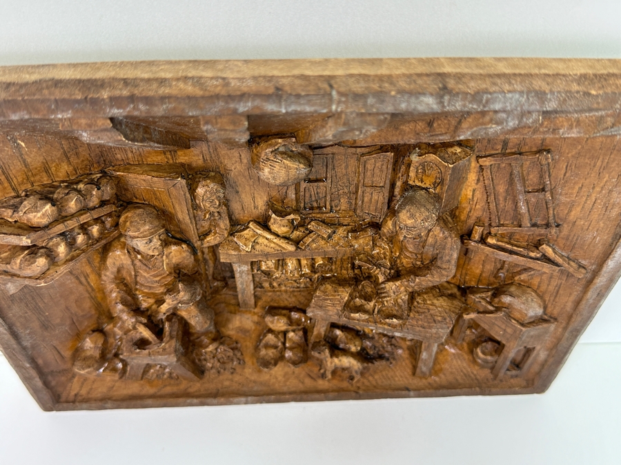 Just Added - Vintage Relief Carved Wooden Wall Plaque Depicting A Danish Shoe Cobler's Workshop 9.5W X 7.5H X 1.5D [Photo 3]