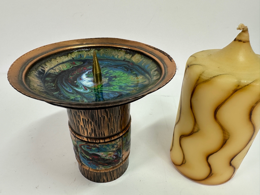 Just Added - Vintage MCM Copper Enamel Candle Holder 5H [Photo 2]