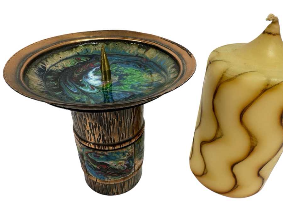 Just Added - Vintage MCM Copper Enamel Candle Holder 5H [Photo 1]
