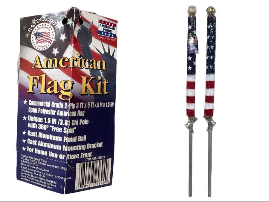 Just Added - Pair Of New American Flag Kits - Commercial Grade 3' X 5' US Flag With Pole & Finial Ball [Photo 1]