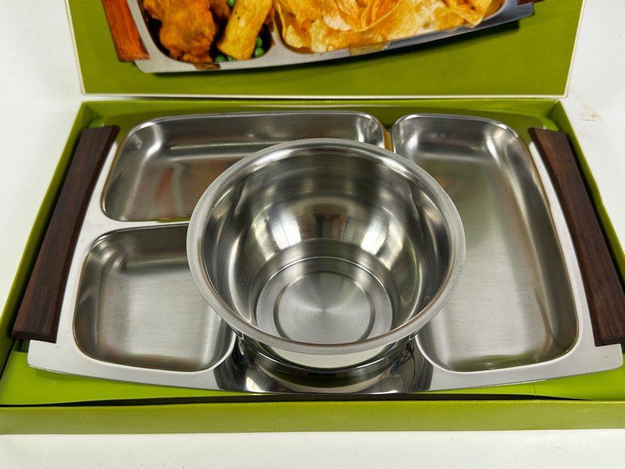 Just Added - Vintage MCM New Old Stock Unisonic Stainless Steel 4 Section TV Dinner / Snack Set With Soup Bowl In Original Box [Photo 2]