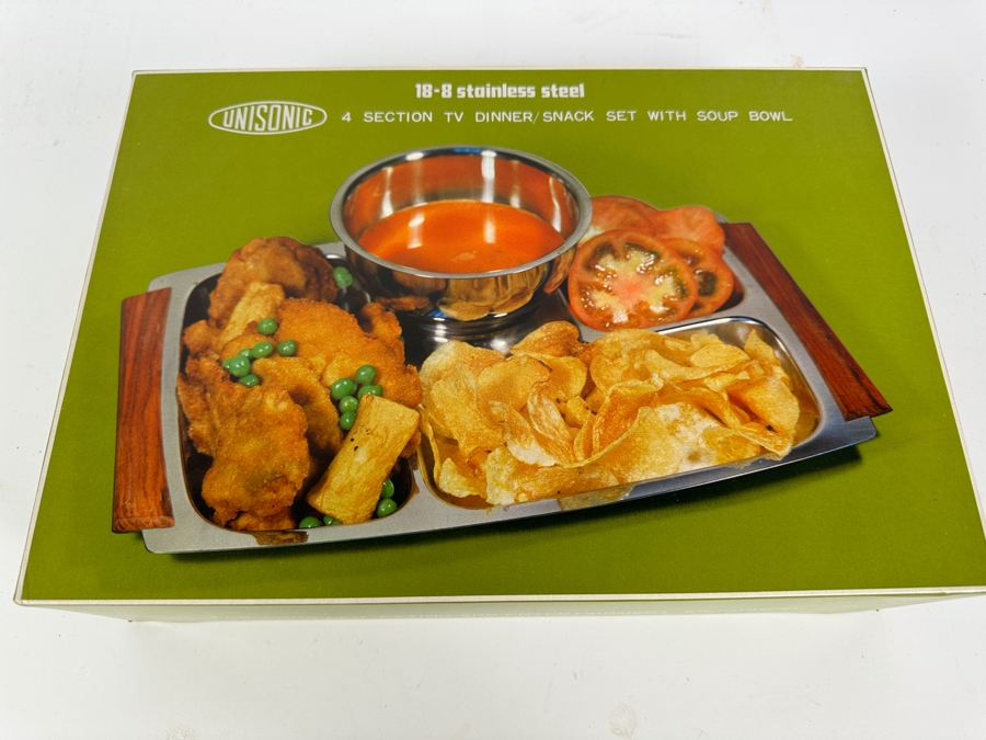 Just Added - Vintage MCM New Old Stock Unisonic Stainless Steel 4 Section TV Dinner / Snack Set With Soup Bowl In Original Box [Photo 3]