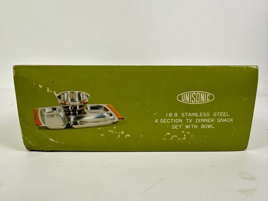 Just Added - Vintage MCM New Old Stock Unisonic Stainless Steel 4 Section TV Dinner / Snack Set With Soup Bowl In Original Box [Photo 5]