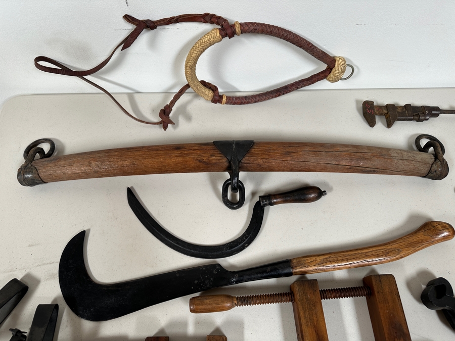 Just Added - Vinage Primitive Farm / Tools Lot: Vintage Metal S. Newhouse Trapper Trap No. 4 (Left Bottom), Pair Of Wooden / Wrought Iron Horse Hames, Wooden Clamps, Wrench, Vintage Sickle, Vintage Corn Chopper, Horse Yoke - See Photos [Photo 4]