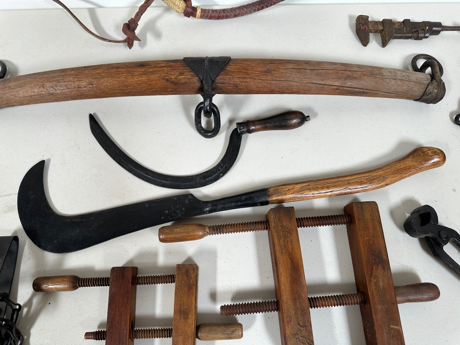 Just Added - Vinage Primitive Farm / Tools Lot: Vintage Metal S. Newhouse Trapper Trap No. 4 (Left Bottom), Pair Of Wooden / Wrought Iron Horse Hames, Wooden Clamps, Wrench, Vintage Sickle, Vintage Corn Chopper, Horse Yoke - See Photos [Photo 5]