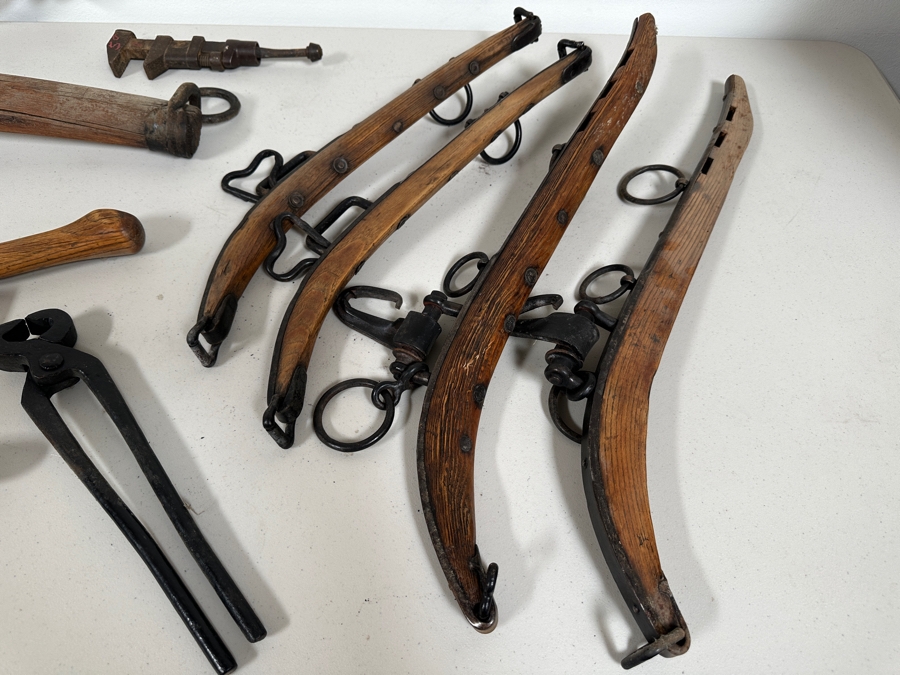 Just Added - Vinage Primitive Farm / Tools Lot: Vintage Metal S. Newhouse Trapper Trap No. 4 (Left Bottom), Pair Of Wooden / Wrought Iron Horse Hames, Wooden Clamps, Wrench, Vintage Sickle, Vintage Corn Chopper, Horse Yoke - See Photos [Photo 8]