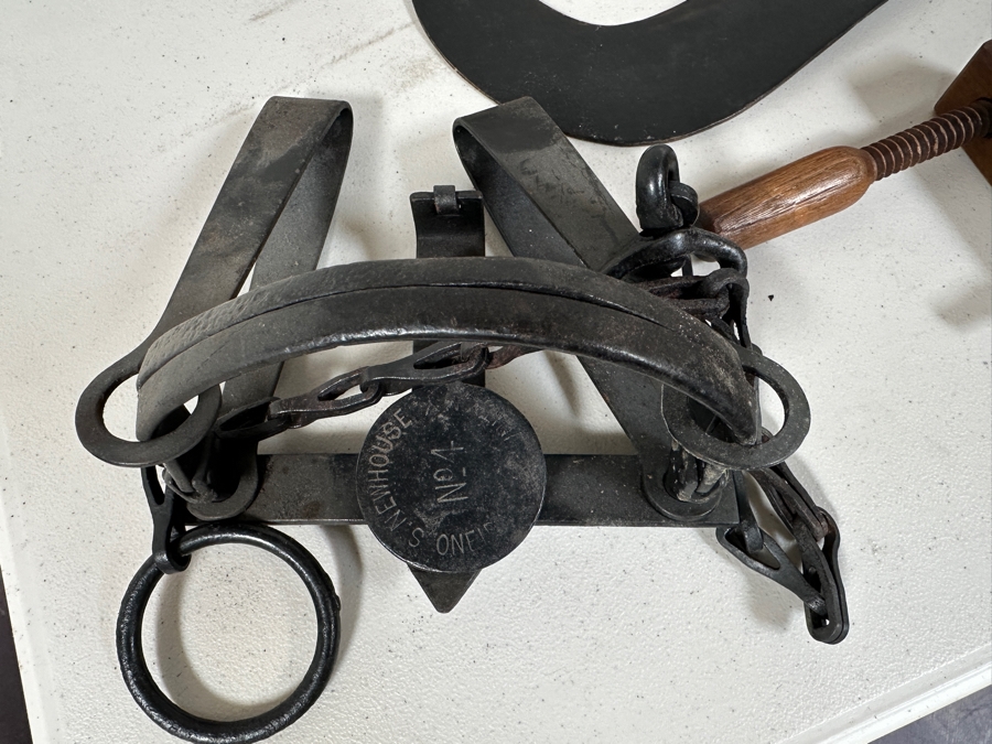 Just Added - Vinage Primitive Farm / Tools Lot: Vintage Metal S. Newhouse Trapper Trap No. 4 (Left Bottom), Pair Of Wooden / Wrought Iron Horse Hames, Wooden Clamps, Wrench, Vintage Sickle, Vintage Corn Chopper, Horse Yoke - See Photos [Photo 2]