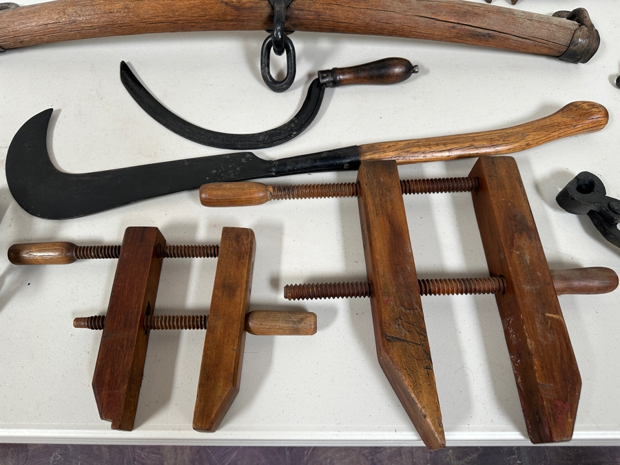 Just Added - Vinage Primitive Farm / Tools Lot: Vintage Metal S. Newhouse Trapper Trap No. 4 (Left Bottom), Pair Of Wooden / Wrought Iron Horse Hames, Wooden Clamps, Wrench, Vintage Sickle, Vintage Corn Chopper, Horse Yoke - See Photos [Photo 6]