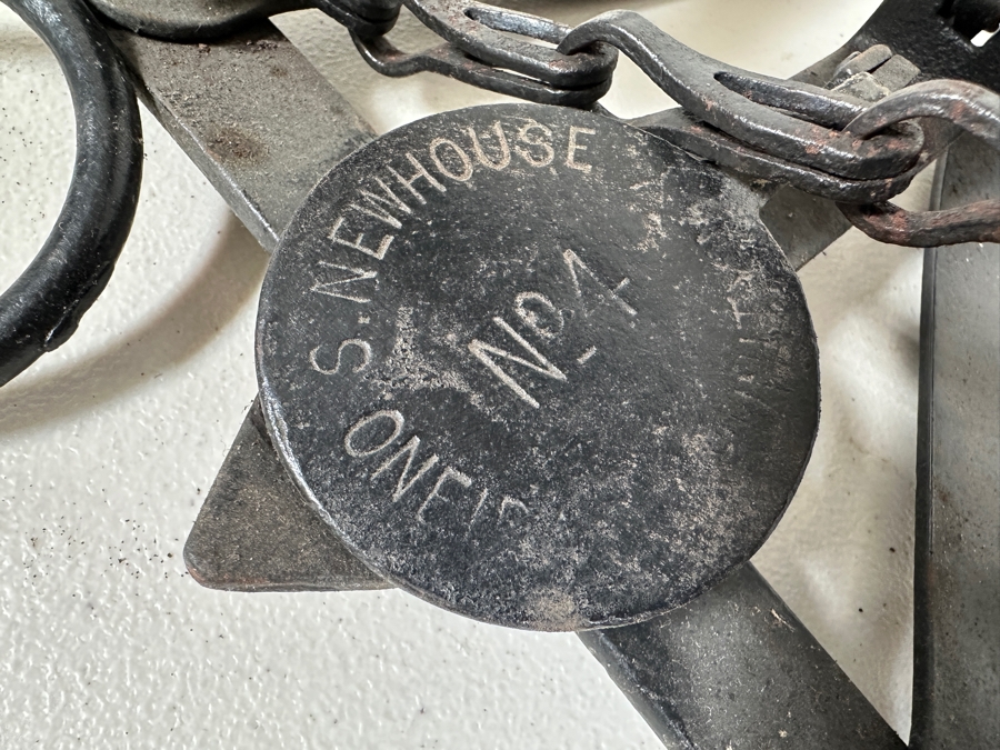 Just Added - Vinage Primitive Farm / Tools Lot: Vintage Metal S. Newhouse Trapper Trap No. 4 (Left Bottom), Pair Of Wooden / Wrought Iron Horse Hames, Wooden Clamps, Wrench, Vintage Sickle, Vintage Corn Chopper, Horse Yoke - See Photos [Photo 3]