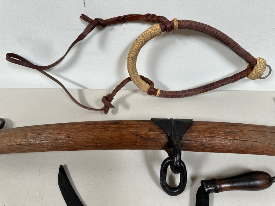 Just Added - Vinage Primitive Farm / Tools Lot: Vintage Metal S. Newhouse Trapper Trap No. 4 (Left Bottom), Pair Of Wooden / Wrought Iron Horse Hames, Wooden Clamps, Wrench, Vintage Sickle, Vintage Corn Chopper, Horse Yoke - See Photos [Photo 7]