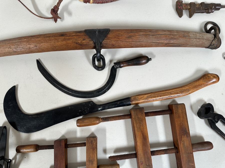 Just Added - Vinage Primitive Farm / Tools Lot: Vintage Metal S. Newhouse Trapper Trap No. 4 (Left Bottom), Pair Of Wooden / Wrought Iron Horse Hames, Wooden Clamps, Wrench, Vintage Sickle, Vintage Corn Chopper, Horse Yoke - See Photos [Photo 13]