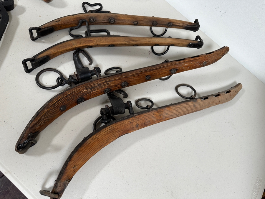 Just Added - Vinage Primitive Farm / Tools Lot: Vintage Metal S. Newhouse Trapper Trap No. 4 (Left Bottom), Pair Of Wooden / Wrought Iron Horse Hames, Wooden Clamps, Wrench, Vintage Sickle, Vintage Corn Chopper, Horse Yoke - See Photos [Photo 9]