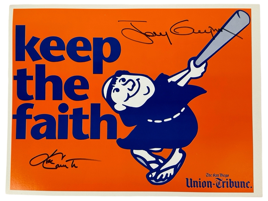 Just Added - Tony Gwynn & Ken Caminiti Autographed Keep The Faith Padres Sign The San Diego Union Tribune With Jack In The Box Ad On Back 1996 14 X 10 [Photo 1]