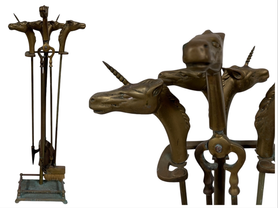 Just Added - Vintage Brass Unicorn / Horse Head Fireplace Tools 32H