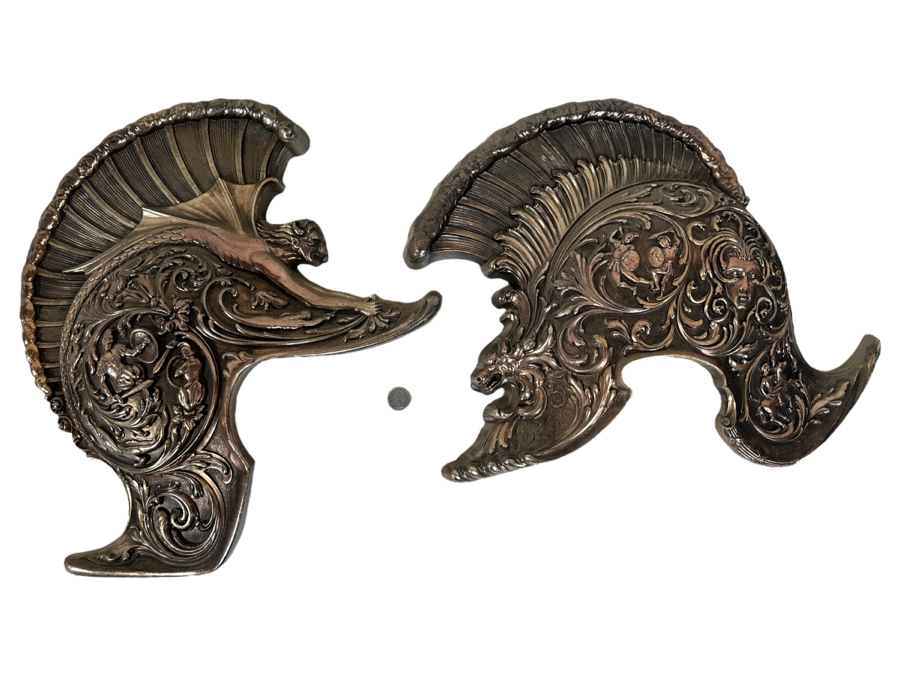 Just Added - Vintage Mid-Century Modern Pair Of Syroco Wall Hanging Roman Gladiator Gargoyle Helmets 16W X 18H