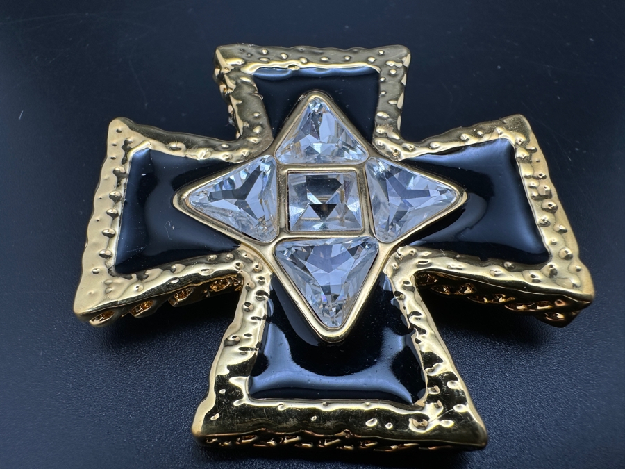 Vintage 1980s St. John Black Enamel and Gold Tone Crystal Maltese Cross Brooch Pin or Pendant [Photo 2]