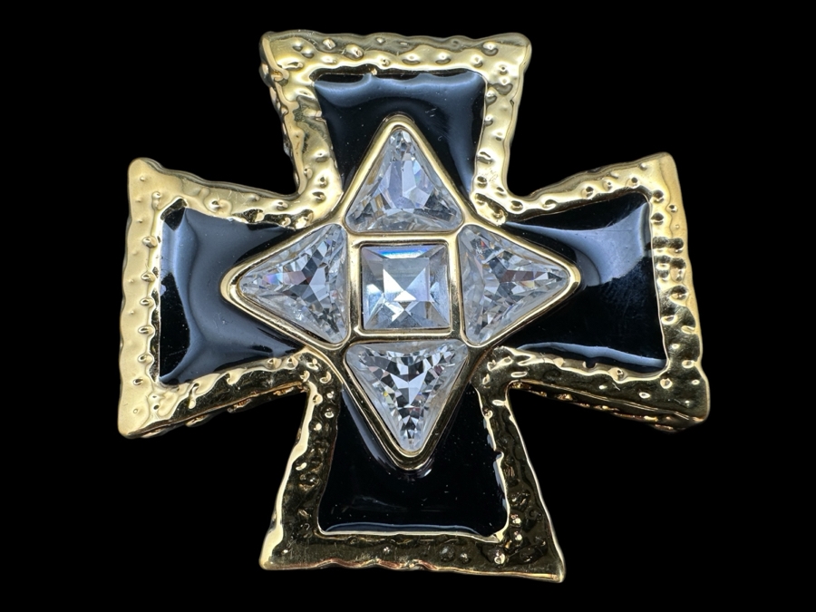 Vintage 1980s St. John Black Enamel and Gold Tone Crystal Maltese Cross Brooch Pin or Pendant [Photo 1]