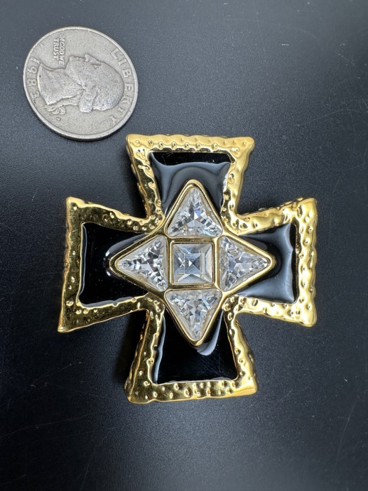 Vintage 1980s St. John Black Enamel and Gold Tone Crystal Maltese Cross Brooch Pin or Pendant [Photo 4]