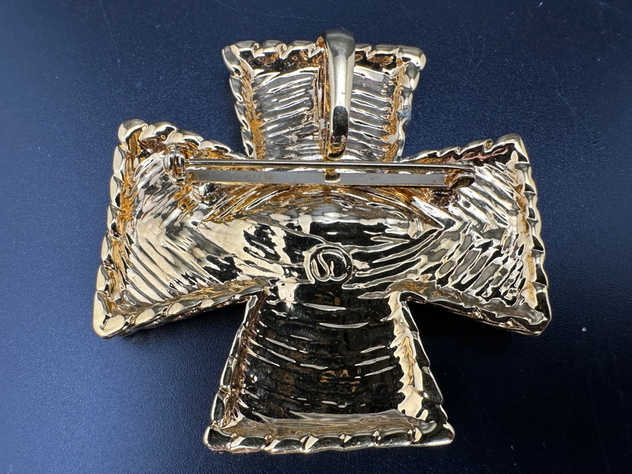 Vintage 1980s St. John Black Enamel and Gold Tone Crystal Maltese Cross Brooch Pin or Pendant [Photo 3]