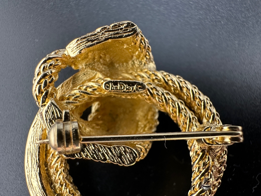Vintage Christian Dior Gold Tone / Rhinestone Twisted Rope Knot Brooch Pin [Photo 4]