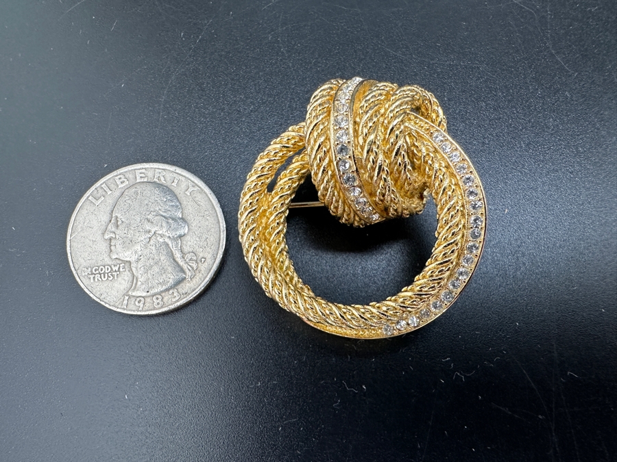 Vintage Christian Dior Gold Tone / Rhinestone Twisted Rope Knot Brooch Pin [Photo 2]