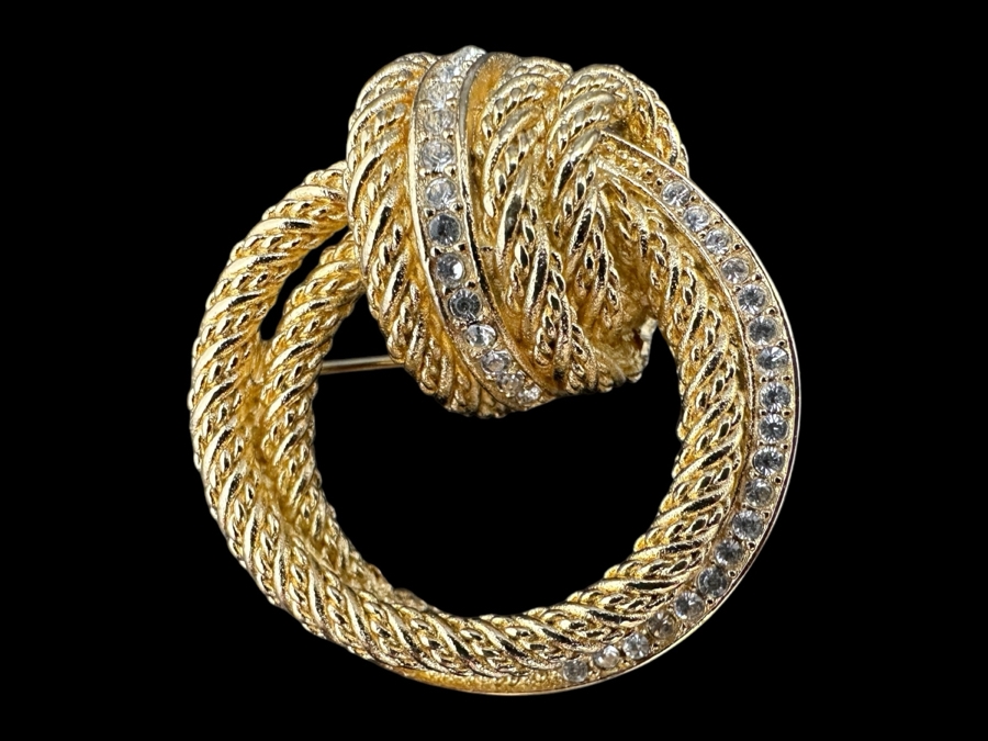 Vintage Christian Dior Gold Tone / Rhinestone Twisted Rope Knot Brooch Pin [Photo 1]