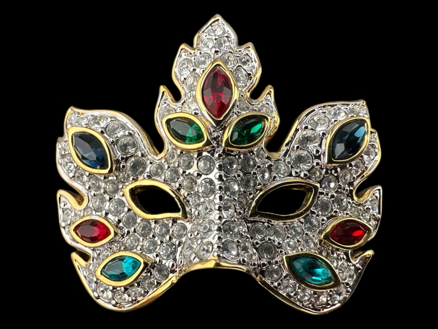 Swarovski Gold Tone Multicolor Crystal Mask Brooch Pin [Photo 1]