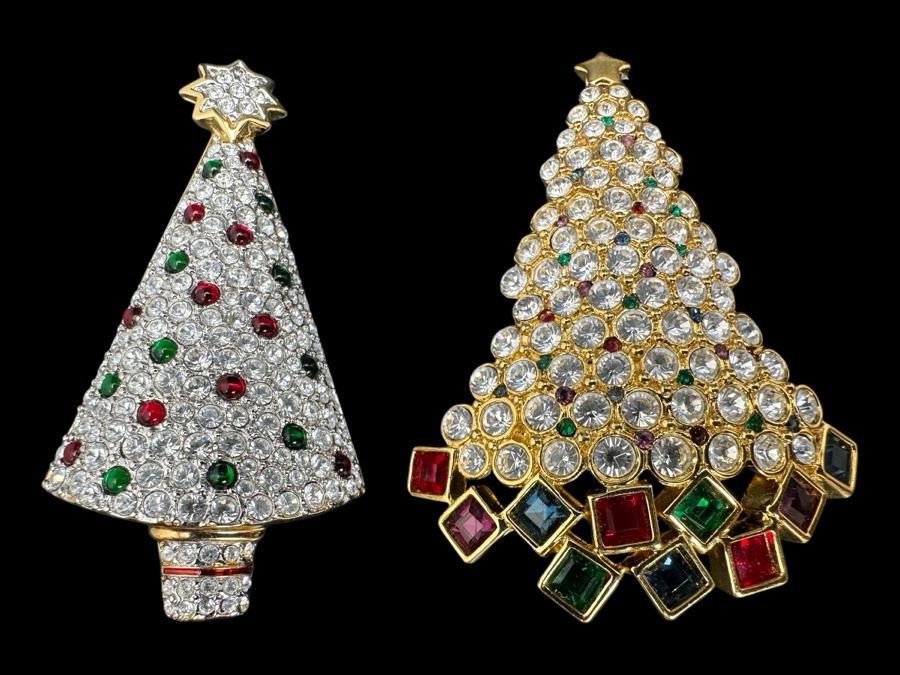 Pair of Swarovski Crystal Christmas Tree Brooch Pins