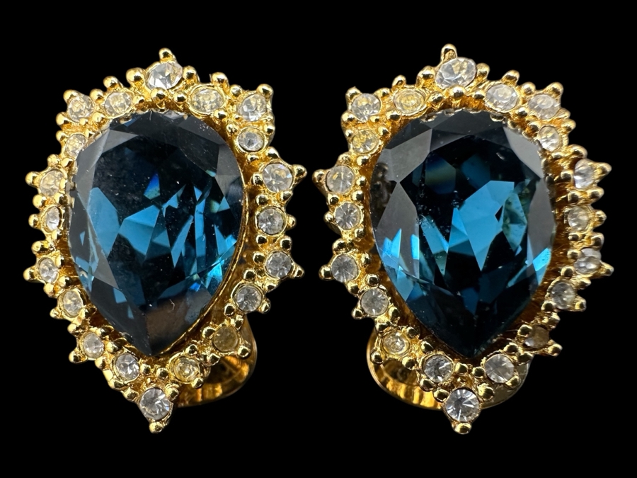 Vintage Christian Dior Blue Teardrop Clip-On Earrings 