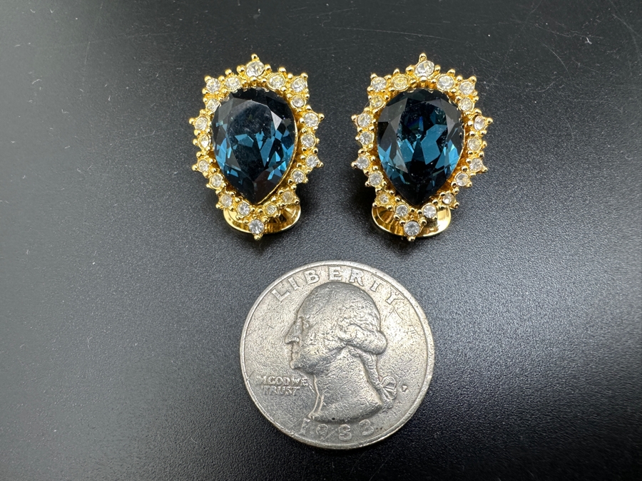 Vintage Christian Dior Blue Teardrop Clip-On Earrings  [Photo 2]
