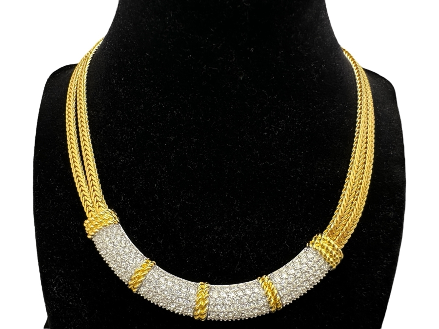 Swarovski Crystal and Gold Tone Necklace with Double Wheat Chain 15.25' L
