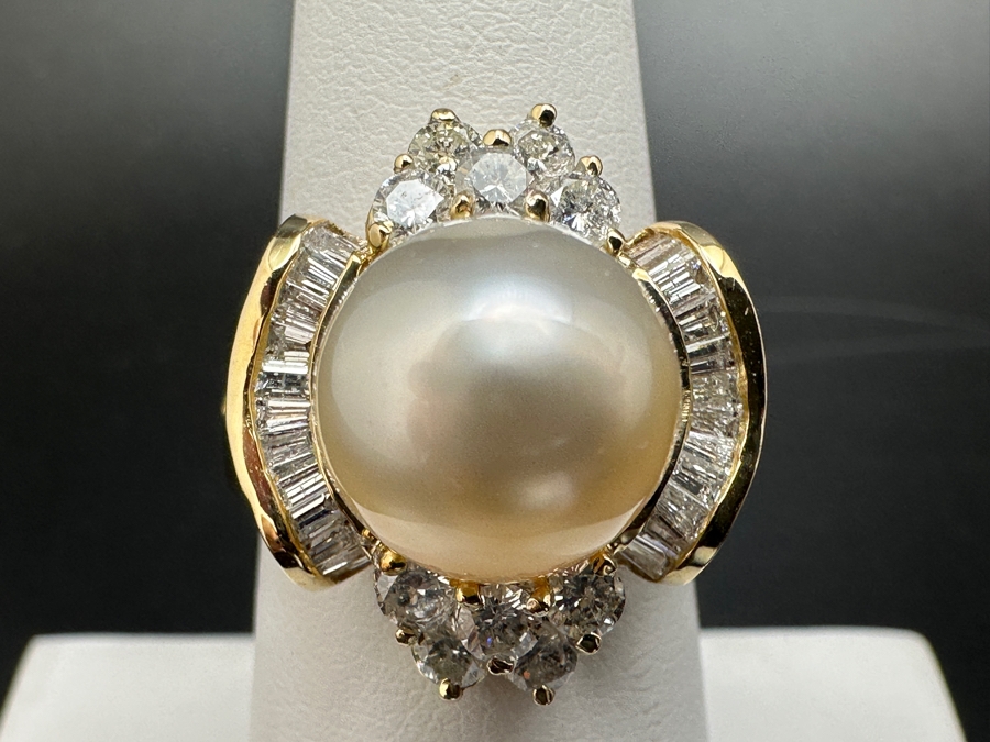 14K Gold Ring (9.6g) with 11mm Cultured Pearl, .80 cttw Round Brilliant Diamonds + .50 cttw Baguette Diamonds Size 7 Fair Market Value $1,700 Retail $3,400 [Photo 7]