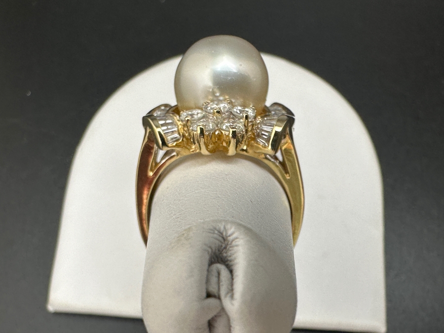 14K Gold Ring (9.6g) with 11mm Cultured Pearl, .80 cttw Round Brilliant Diamonds + .50 cttw Baguette Diamonds Size 7 Fair Market Value $1,700 Retail $3,400 [Photo 11]