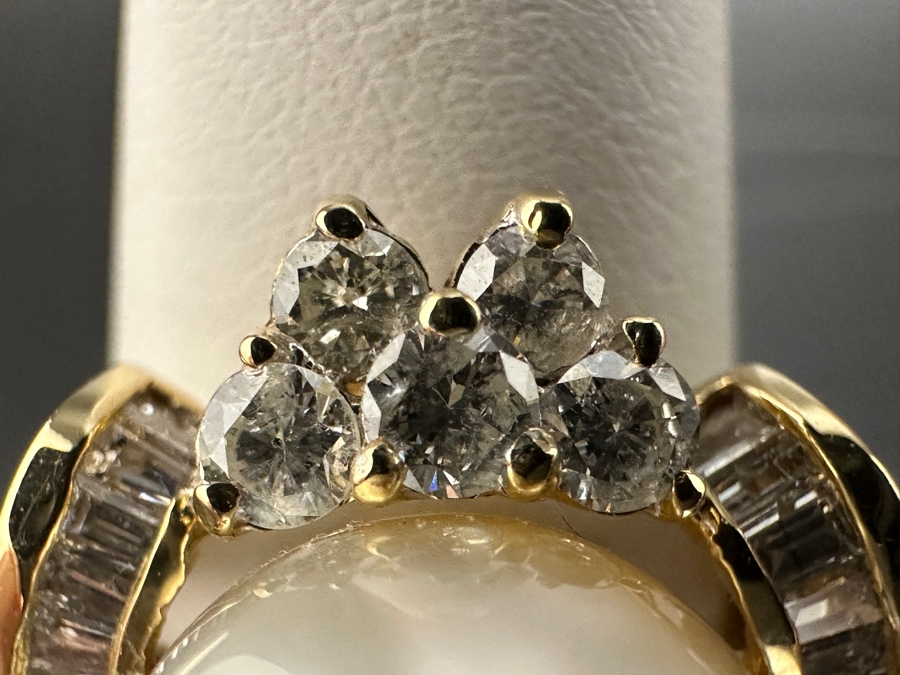 14K Gold Ring (9.6g) with 11mm Cultured Pearl, .80 cttw Round Brilliant Diamonds + .50 cttw Baguette Diamonds Size 7 Fair Market Value $1,700 Retail $3,400 [Photo 3]