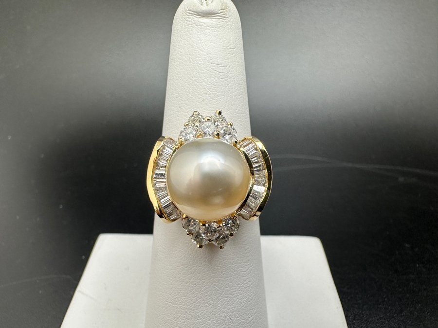 14K Gold Ring (9.6g) with 11mm Cultured Pearl, .80 cttw Round Brilliant Diamonds + .50 cttw Baguette Diamonds Size 7 Fair Market Value $1,700 Retail $3,400 [Photo 2]