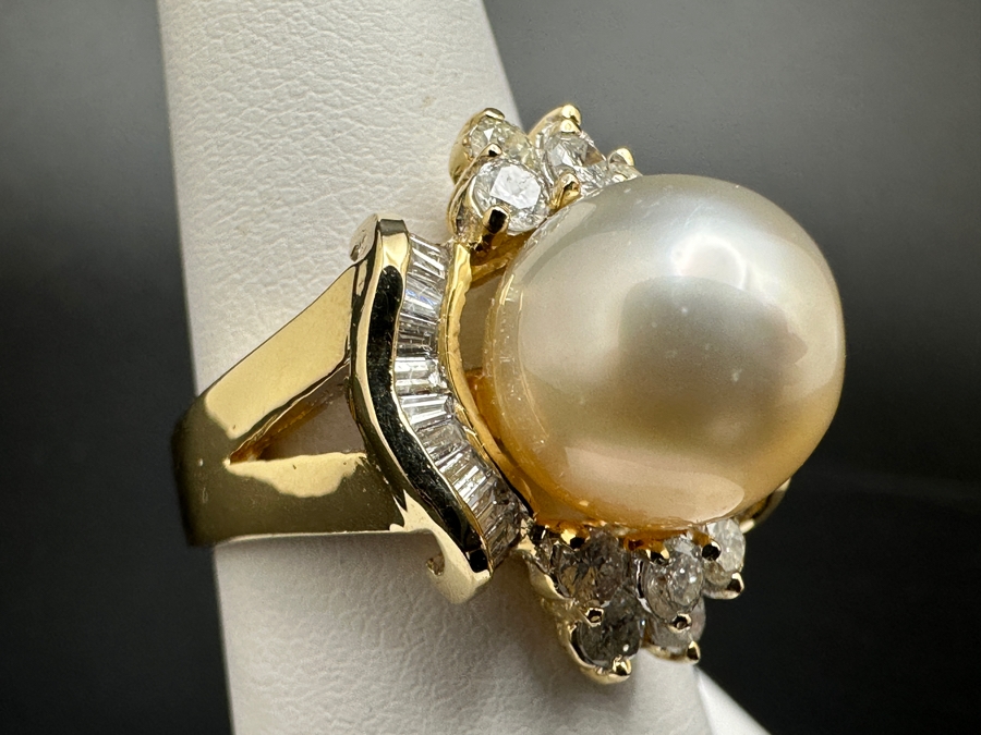 14K Gold Ring (9.6g) with 11mm Cultured Pearl, .80 cttw Round Brilliant Diamonds + .50 cttw Baguette Diamonds Size 7 Fair Market Value $1,700 Retail $3,400 [Photo 9]