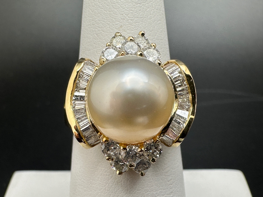 14K Gold Ring (9.6g) with 11mm Cultured Pearl, .80 cttw Round Brilliant Diamonds + .50 cttw Baguette Diamonds Size 7 Fair Market Value $1,700 Retail $3,400 [Photo 6]