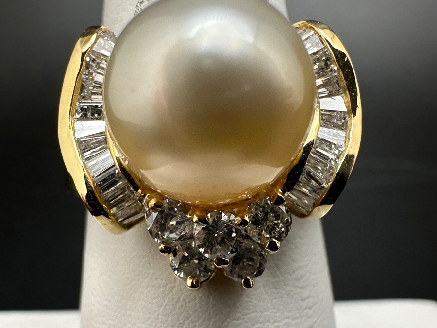 14K Gold Ring (9.6g) with 11mm Cultured Pearl, .80 cttw Round Brilliant Diamonds + .50 cttw Baguette Diamonds Size 7 Fair Market Value $1,700 Retail $3,400 [Photo 5]