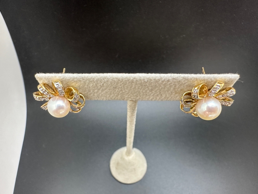 14K Gold Earrings (7.4g) with 8mm Cultured Pearls and ～.80 cttw Single Cut Diamonds FMV $800 Retail $1,600 [Photo 6]