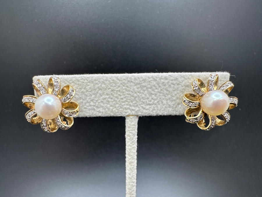 14K Gold Earrings (7.4g) with 8mm Cultured Pearls and ～.80 cttw Single Cut Diamonds FMV $800 Retail $1,600 [Photo 2]