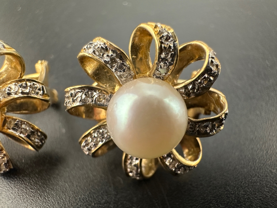 14K Gold Earrings (7.4g) with 8mm Cultured Pearls and ～.80 cttw Single Cut Diamonds FMV $800 Retail $1,600 [Photo 12]