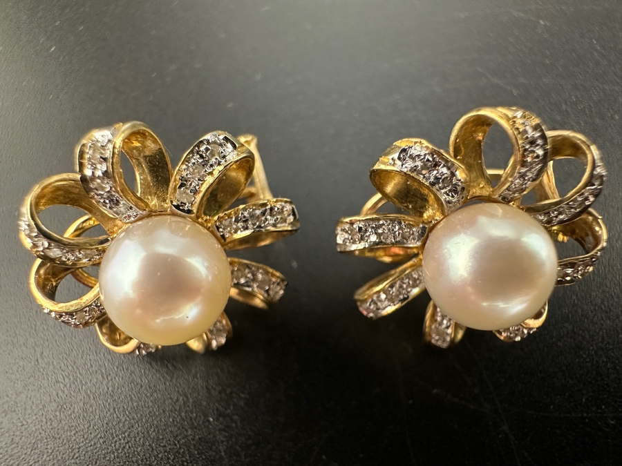14K Gold Earrings (7.4g) with 8mm Cultured Pearls and ～.80 cttw Single Cut Diamonds FMV $800 Retail $1,600 [Photo 10]